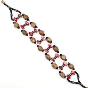 Handmade Wood Ceramic Bead Bracelet Red Brown Black Hematite Barrel Clasp 7.75"
